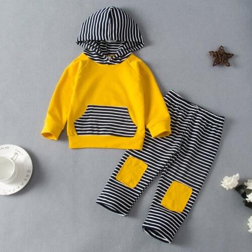 Baby clothes baby boy clothes set Newborn Infant Baby Boys Girls Patch Striped Hooded Sweatshirt+Pants Outfits Set новый год