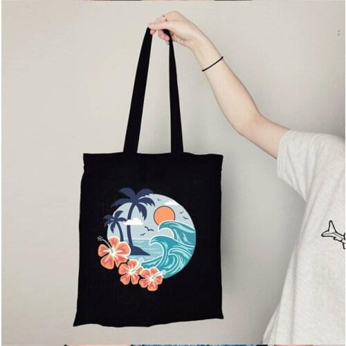 Ocean Scene Canvas Tote Bag Tropical Plants Island Fashion Tote Bag Reusable Print Shopping Bags Cartoon Travel Summer