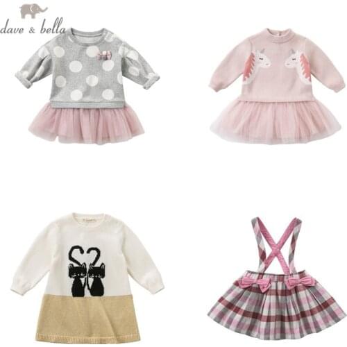 DBZ15304 dave bella winter baby girls cute cartoon mesh sweater dress children fashion party dress kids infant lolita clothes