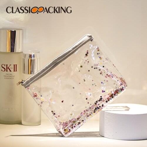 Simple Zipper Pocket PVC Waterproof Cosmetic Bag Women Sequins Transparent Makeup Bag Organizer Make Up Pouch Wholesale Bags