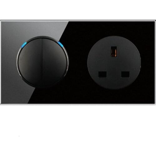 146 Type 2 gang 2 way + UK Socket Crystal Tempered Pure Glass Panel 13a Double Eu Standard Wall Power Socket Grounded black