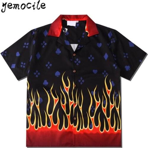 2020 Hi hop Harajuku Couples Wear Summer Casual Men Women Shirts Flame Print Lapel Loose Short Sleeve Shirt StreetWear