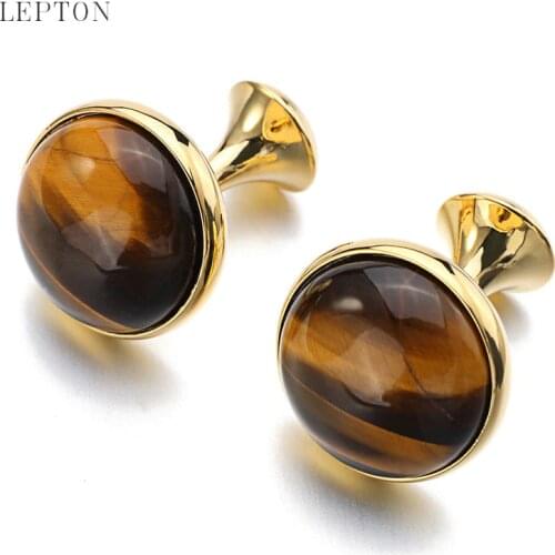 Low-key Luxury Tiger-eye Stone Cufflinks for Mens Gold Color Plated Lepton High Quality Brand Round Stone Cuff links Best Gift