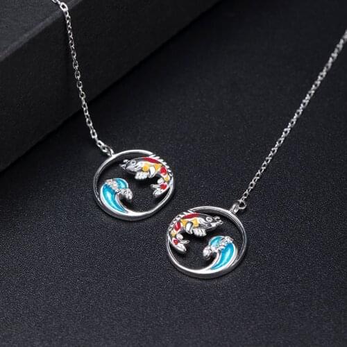 VLA China Style Enamel Ear Line 925 Sterling Silver Creative Retro Koi Ear Thread Womens Fashion Wave Fish Earrings
