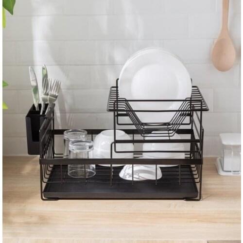 Dish Drying Rack With Drainboard Drainer Kitchen Light Duty Countertop Utensil Organizer Storage For Home Black White 2-Tier HWC