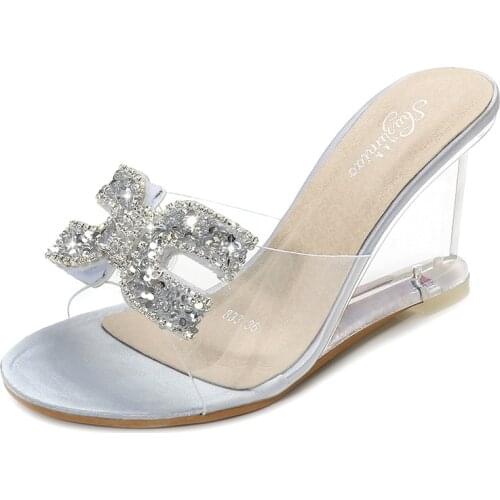 Ladies Sexy Female Rhinestone Transparent Heel Wedges Slip On Shoe High Heel Crystal Sandals Women Summer Peep Toe Sandals