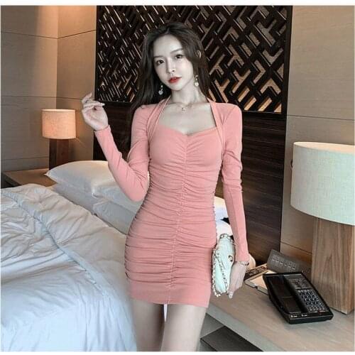 Spring Autumn Long Sleeves Designed Sexy Party Dress Women Bodycon Pleated Mini Dress Solid Office Casual Dresses Short