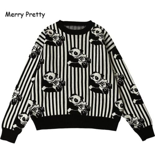 XUANHAO Womens Cartton Panda Black/White Striped Embroidery Knitted Sweaters 2019 Winter Thick Jacquard Sweater Pullover