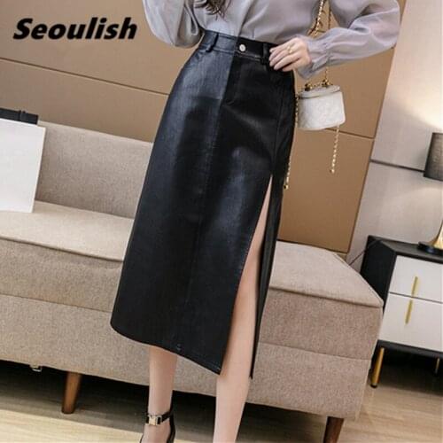 Seoulish Autumn Winter Front Split Black PU Leather Womens Skirts 2021 New High Waist A-line Skirts Mid-calf Straight Skirts