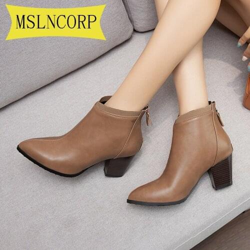 Plus Size 34-46 Ankle Boots For Women Fashion Shoes Plush Warm Winter Short Boots Zipper Square Heels Comfortable Lady Shoes