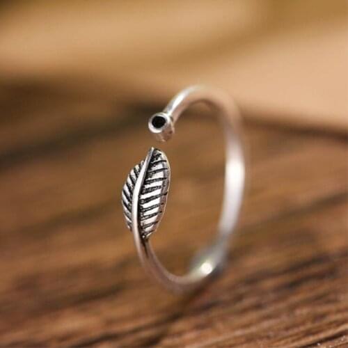 New Retro Female Vintage Personality 925 Sterling Silver Jewelry Temperament Feather Leaf Opening Rings SR174