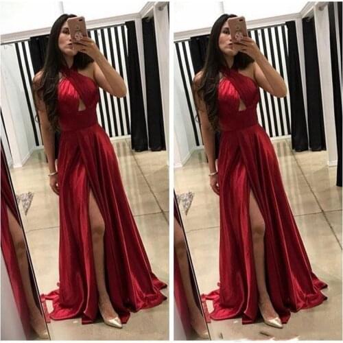 Cheap Halter Dark Red A-Line Prom Dresses 2019 Cheap Evening Gowns Slit Vestidos De Festa Party Wear prom dress