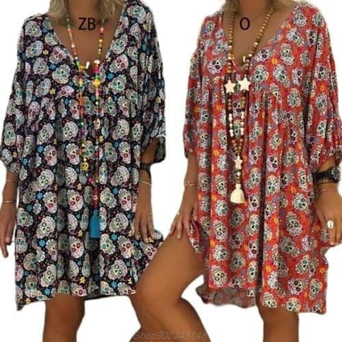 Women Plus Size V-Neck 3/4 Sleeves Loose Flowy T-Shirt Dress Halloween Skull Floral Casual Flared Tunic S-5XL Jy15 20 Dropship