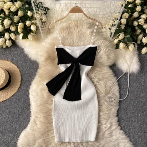 Knitted Dress Summer New Design Sense Niche Hit Color Knotted Slim Short Sexy Sling Bag Hip Skirt