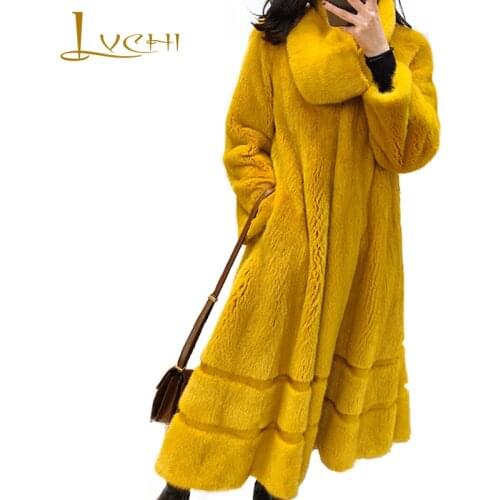 LVCHI Winter2017 Velvet Real Mink Coat Womens Long Sleeve Coat Ginger With Yellow Scarf Wave Cut Causal X-Long Mink Fur Coats