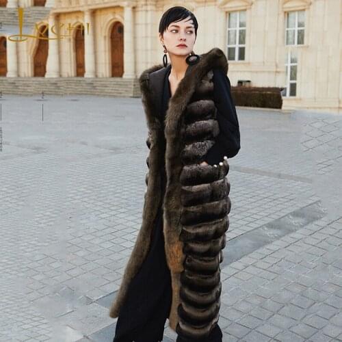 LVCHI Winter 2019 European advanced custom hot stamping sapphires blue and blue hooded long vest X-Long Causal Mink Fur Coats