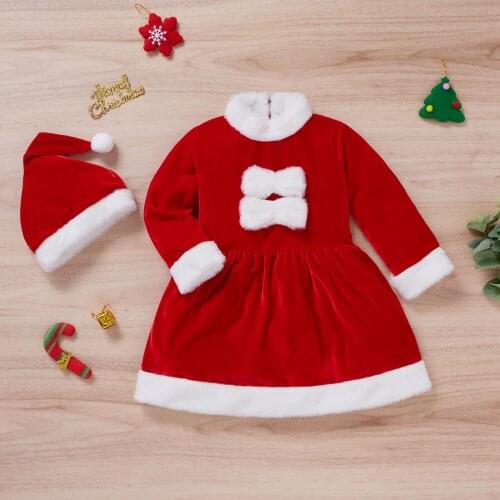 2021 Christmas Toddler Baby Kids Girls Dresses Xmas Red Princess Dress+Party Hat Cute Winter Warmer Girl Clothes Vestidos