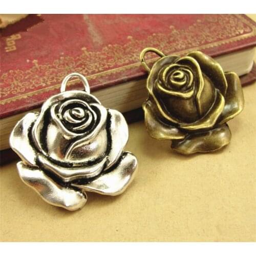 5pcs 36x31mm Antique Silver and Bronze Plated Rose Charms Pendant Handmade Jewelry Accessories For DIY Bracelet Necklace