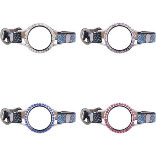 5pcs/lot 30mm Different color crystals Locket 23cm Snake blue Single Wrap PU Leather Locket Bracelet Wristband With 50pcs Charms