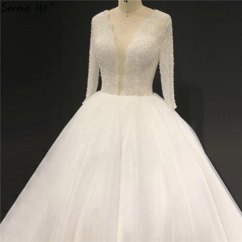 White Long Sleeves Sparkle Sexy Wedding Dresses Beading Sequins O-Neck Bride Gowns Real Photo HA2325 Custom Made