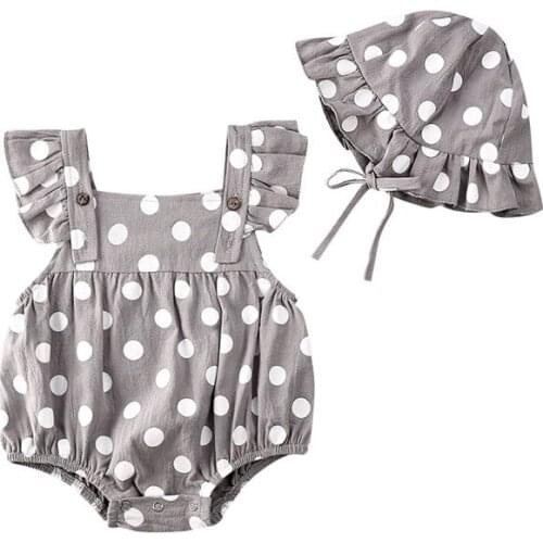 Free shipping Newborn Toddler Baby Girls clothes Bandage Polka Dot Hat square collar Ruffle Geometry Bodysuit 2pc lovely outfit