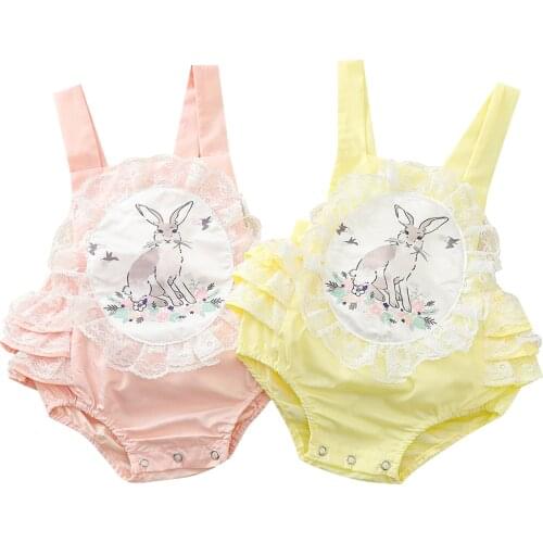 Baby Girls Summer Breathable Easter Outfit Infant Creative Bunny Printing Lace Decoration Suspender Sleeveless Romper Casual