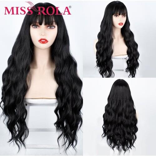 MISS ROLA Long Black Womens Wigs with Bangs Water Wave Heat Resistant Synthetic