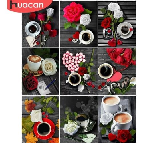 HUACAN Painting By Number Coffee Cup Kits For Adults Handpainted DIY Coloring By Number Rose Flower On Canvas Home Decor