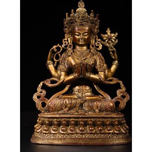 12"Tibet Temple Collection Old Bronze Cinnabar Lacquer Four-armed Guanyin Bodhisattva Sitting Buddha Ornaments Town House