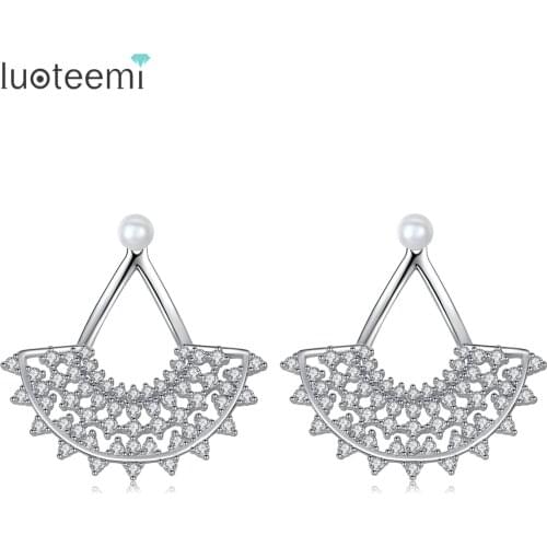LUOTEEMI White Gold Stud Earrings for Women Imitation Pearl Cubic Zircon Earring Scalloped Half Circle Jewelry Aretes De Mujer