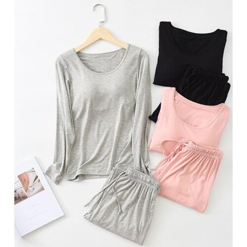 New Womens Autumn Winter Pajamas Sets Chest Pad Long Sleeve Sleepwear Ladies Pijama Long Pant Cotton Two Piece Pyjamas Women