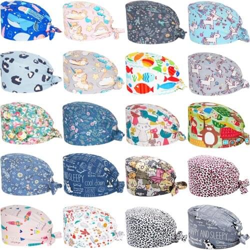 New Scrub Cap 100% Cotton Anime Printing Adjustable Nursing Caps Beauty Salon Pet Shop Working Accessories Scrubs Hats Wholesale
