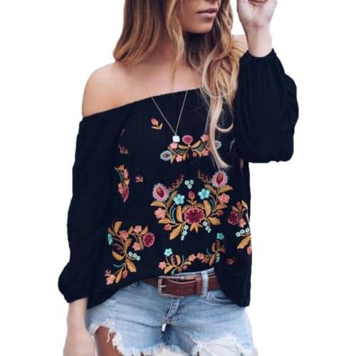 Sexy Chiffon Off Shoulder Women Floral Embroidery Shirts Tops 2021 Fashion boho Black Femme blusas