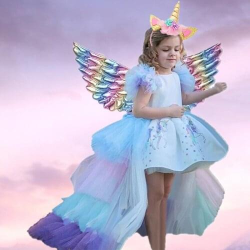 Girls Unicorn Princess Dress For Party and Wedding Kids Rainbow Long Tail Vestidos Children Birthday Prom Ball Gown 4 8 10 Year