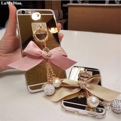 For SamsungS6 S7 S8 S9 S10 S20 Plus Note8 9 10 Luxury Diamond Rhinestone Bowknot Pendant Soft Mirror Back Cover Phone Case Shell