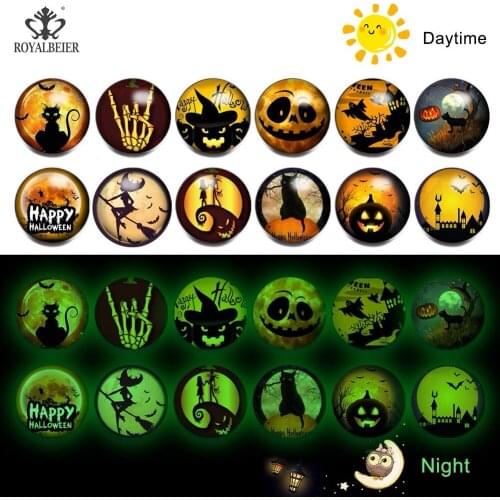 RoyalBeier New Arrive Halloween Theme Luminous Light Glass Snap Button Fit 18mm Snap Bracelet for Women Accessories Dropship