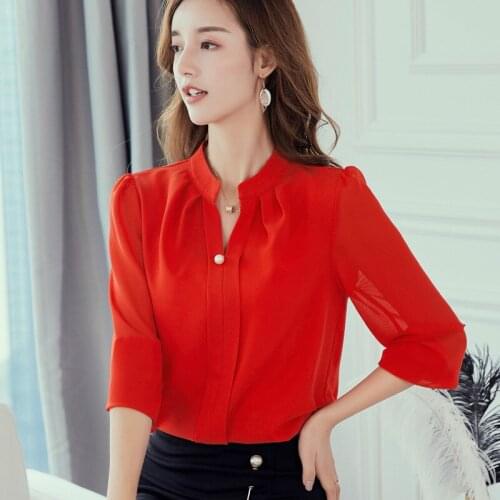 Spring Summer Chiffon Shirt Female Korean Fashion Casual Blouse Ladies Thin Pure Color Stand Collar Long Sleeve Top Shirts H9082