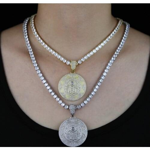 Iced out sparking bling cubic zirconia lucky hamsa hand round pendant necklace for hiphop men charm tennis chain choker jewelry