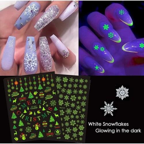 Luminous Nail Sticker Christmas Snowflake Fluorescent nail Decals Glow In Dark Merry Christmas DIY nail art Manicure tools
