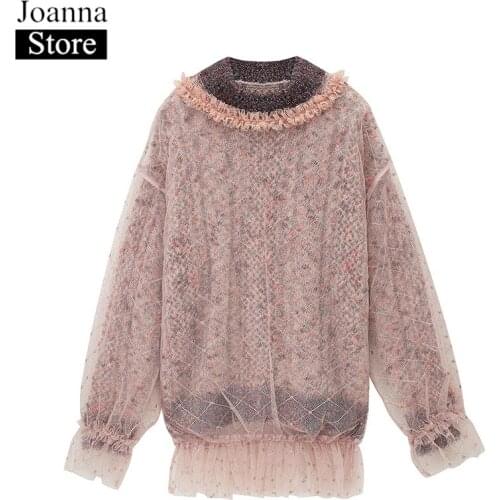Spring New Mesh Splicing Sweater Women High Collar Ruffle Sleeve Party Loose Knitted Pullover Pink Plus Size Wild Clothes Female