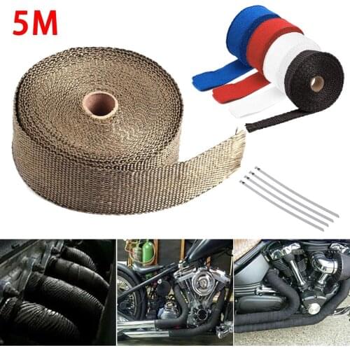 5M Roll Fiberglass Heat Shield Car Motorcycle Exhaust Manifold Heat Insulation Glass Fiber Thermal Wrap Tape Blacks +4 Ties Kit