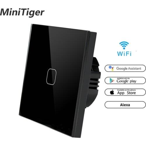 Minitiger WIFI Smart Black Crystal Glass Panel Touch Switch APP Wireless Remote Light Wall Switch Work With Alexa / Google Home