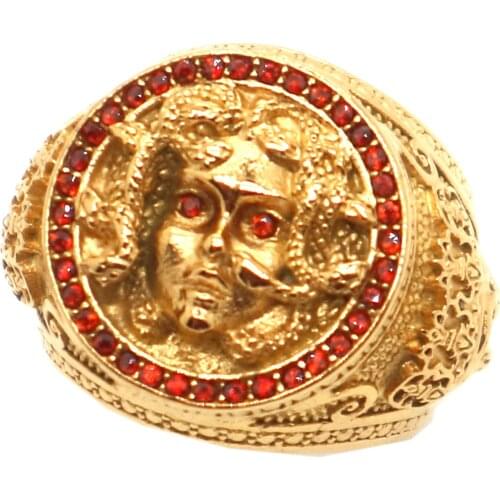 Unisex 316L Stainless Steel Red Stone King Skull Gold-Color Medusa Ring
