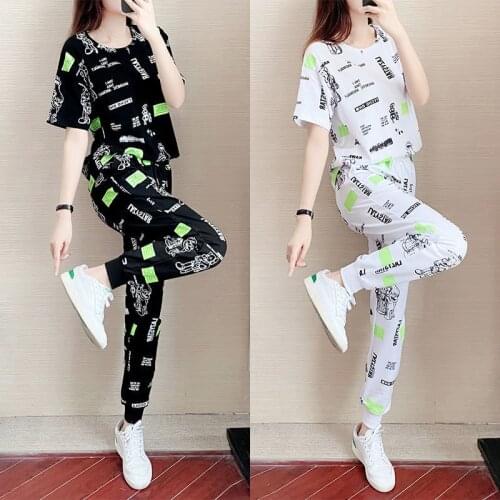 Womens Outfits Summer 2021 New Fashion Slim Foreign Style Printed Short Sleeve Crop Top Casual Pants Two Set Women Sportswear