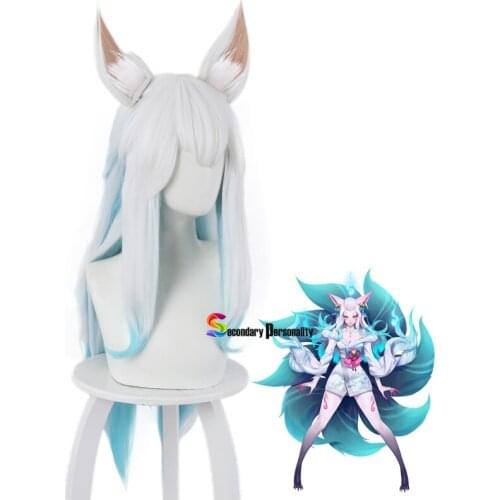 2020 New LOL Game Spirit Ahri Wig With Ears Cosplay Costume Heat Resistant Synthetic Hair Women White Mixed Blue Long Wigs