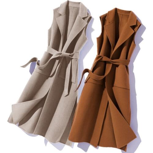 2021 New Woolen Autumn Spring Women Middle Long Waist With Belt Ladies Vest Jacket Coat Gilet Femme Fashion Favourite Berserk