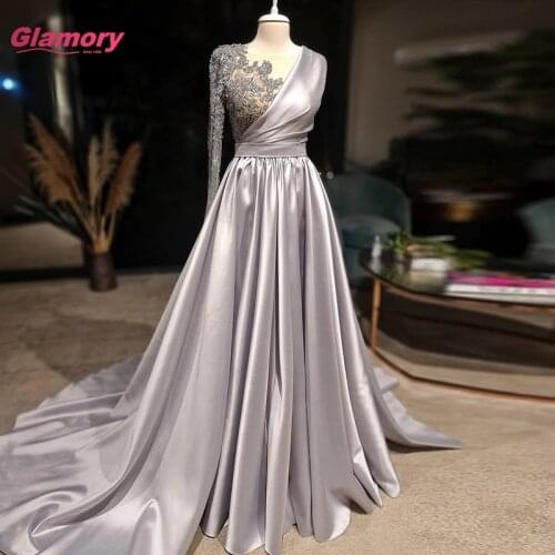 2021 High Neck A Line Satin Muslim Evening Dresses Women Elegant Beaded Formal Party Long Gowns