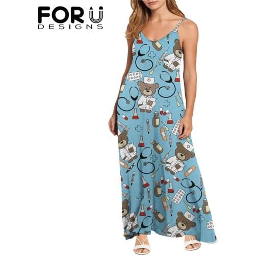 FORUDESIGNS Sexy Blue Backless Maxi Dresses Woman Cartoon Nurse Bear Print Summer Ladies Slip Sundress Elegant Party Flowy Dress