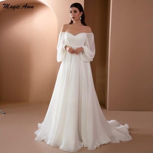 Magic Awn Chiffon Off The Shoulder Wedding Dresses Boho Long Puffy Sleeves Simple Ivory Beach A-Line Mariage Gowns For Women