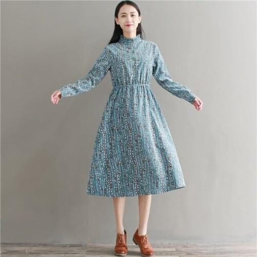 2018 spring vintage long sleeve bird dress new style autumn corduroy dress for women